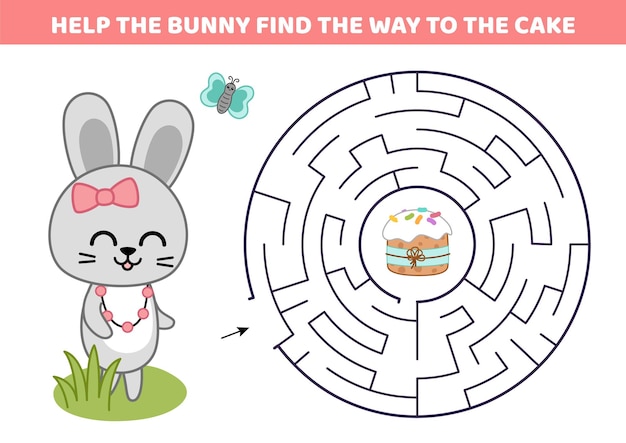 Labirinto redondo Ayuda al conejo a encontrar su pastel de Pascua Labirinto para niños Vector