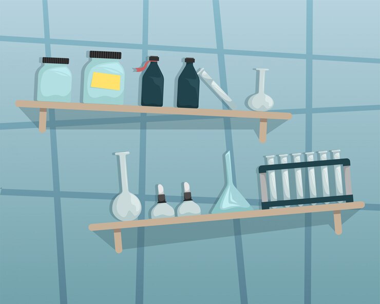 Vector laboratorio científico químico. estantes de pared con herramientas científicas.