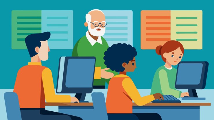 Vector en el laboratorio de computación, los estudiantes mayores enseñan pacientemente a sus alumnos cómo usar los recursos en línea y