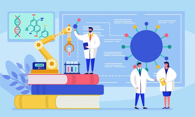 Laboratorio coronavirus vacuna antiviral biología investigación antivirus médicos ilustración. científicos en laboratorio, investigadores químicos con equipo de laboratorio.