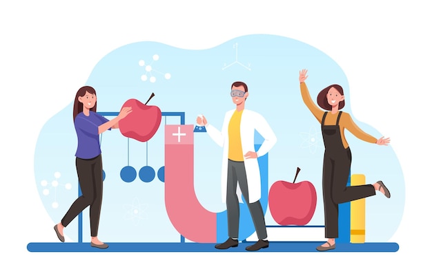 Laboratorio de física con personas pequeñas que trabajan estandarte creativo para la ciencia moderna ingeniería robótica