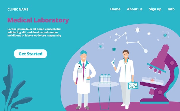 Laboratorio médico investigación asociada aplicación web sitio web banner plantilla aterrizaje página web aplicación móvil ilustración vectorial plana