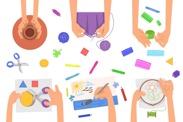 Vector laboratorio de niños creativos lección de arte niños actividades artesanales divertidas vista superior en las manos personas pintan bordados y tejen taller concepto de vector decente