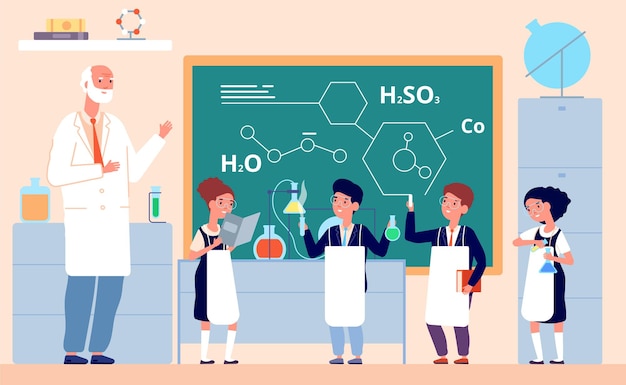 Laboratorio de química para niños. Laboratorio de ciencias de la escuela, niños en pizarra de clase. Experimento científico, ilustración de vector de chica inteligente de dibujos animados. Laboratorio de química y laboratorio para la educación y la experimentación.