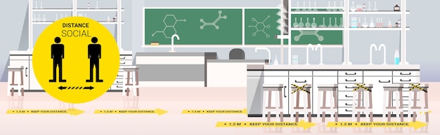 Laboratorio de química con signos de distanciamiento social coronavirus medidas de protección epidémica concepto moderno aula interior horizontal