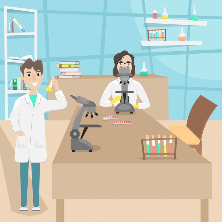Vector laboratorio químico y biológico con tubos de ensayo, matraces y microscopios. investigación e invención de vacunas. enfermedad viral. epidemia.