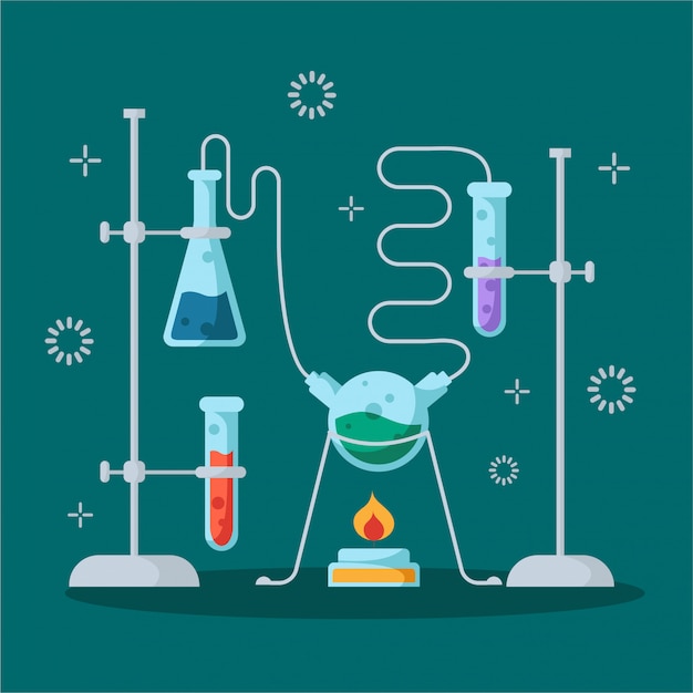 Laboratorio químico y equipamiento para el experimento. Concepto de ciencia y educación. Frascos de vidrio y tubos de ensayo.