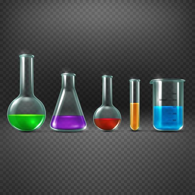 Laboratorio químico con las sustancias químicas en el ejemplo del vector de los equipos del tubo de ensayo. vaso con color sa