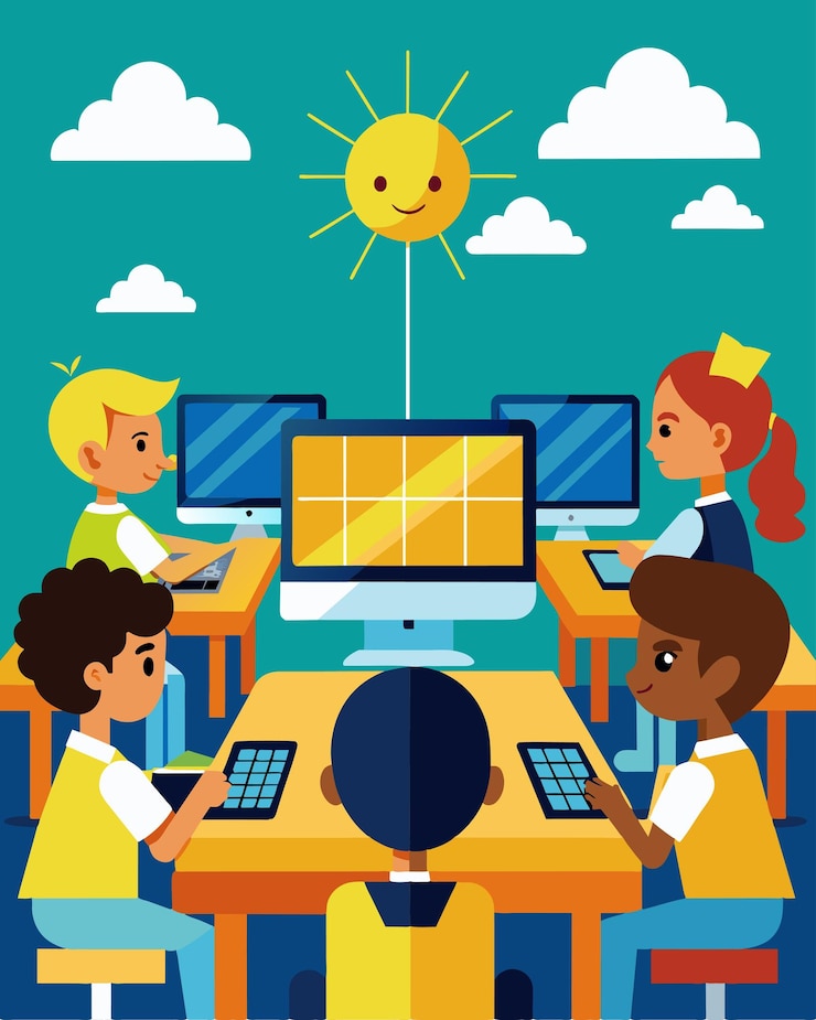 Vector en los laboratorios informáticos de las escuelas, los estudiantes aprenden a codificar y programar mientras usan computadoras que