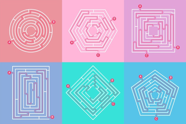 Labyrinth juego gráfico laberinto sencillo rompecabezas con diferentes destinos encontrar su camino encontrar salida fuera círculo laberintos cuadrados conjunto de vectores decente