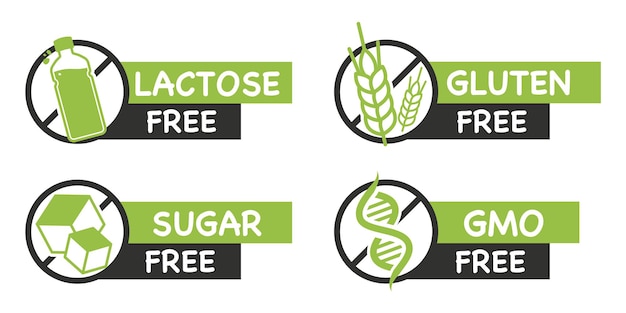 Sin lactosa. Sin gluten. Sin azúcar. Libre de OGM. Saludable, orgánico, natural. Juego de pegatinas de alérgenos comunes. Etiqueta para comida diaria saludable, utilizada para el diseño de envases. Símbolos de intolerancia alimentaria