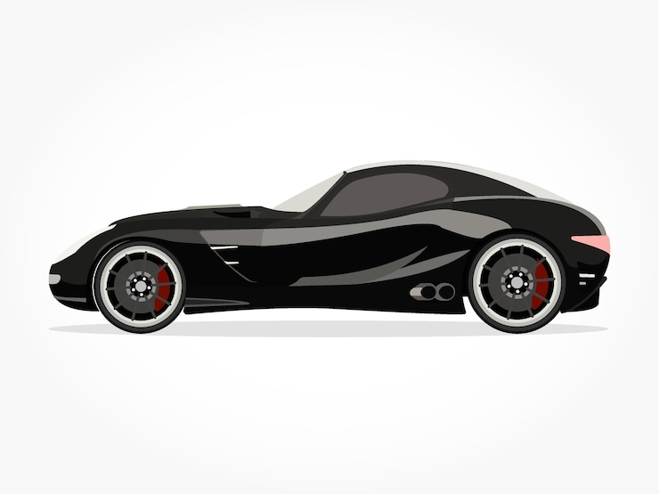Vector lado detallado de una caricatura de coche sedán negro plana con efecto de sombra