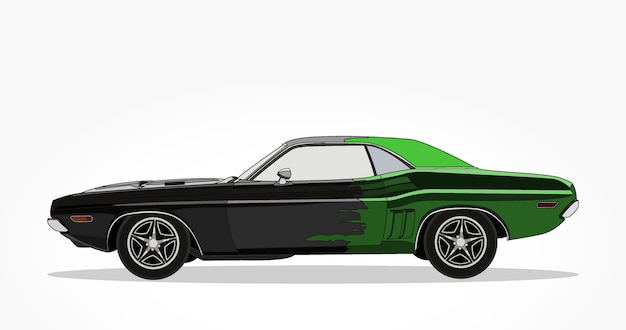 lado detallado de una caricatura de coche sedán verde negro plano con efecto de sombra
