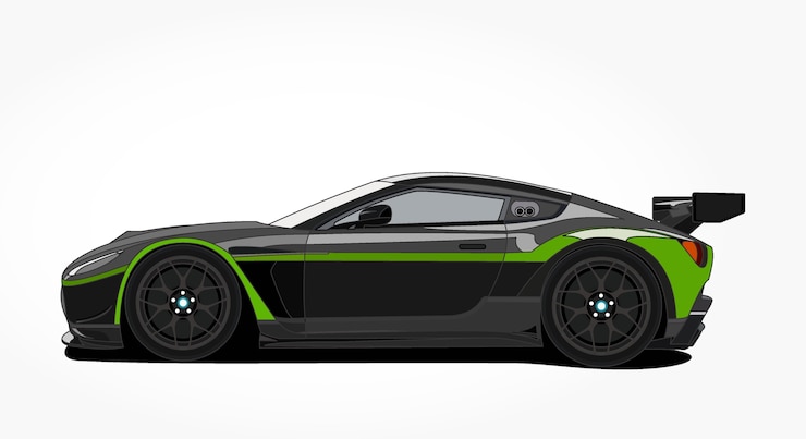 Vector lado detallado de un dibujo animado de coche de carreras plano negro con efecto de sombra verde raya