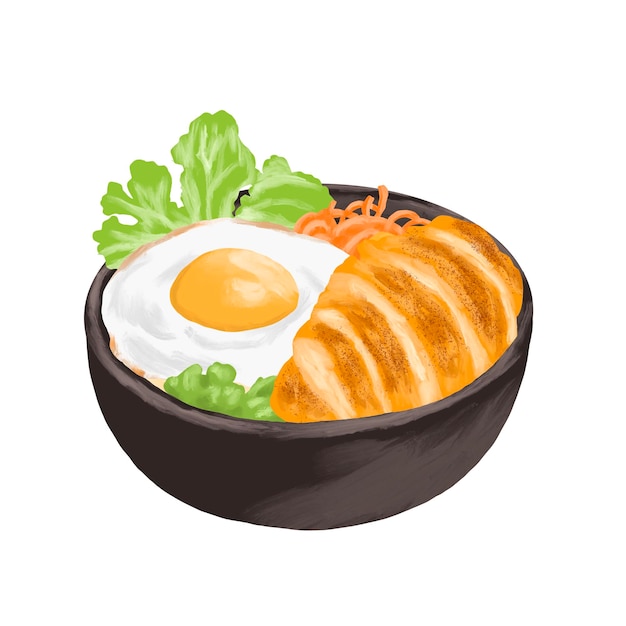 lado soleado de huevo y pollo katsu con ilustraciones de menú de pintura de ensalada