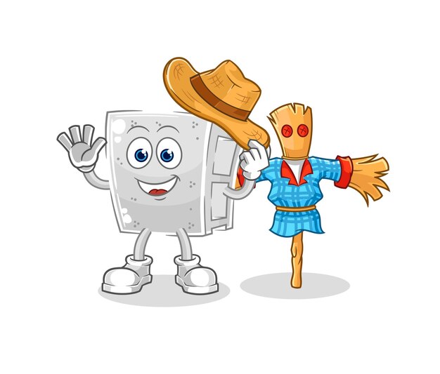 Ladrillo de hormigón con vector de personaje de dibujos animados de espantapájaros