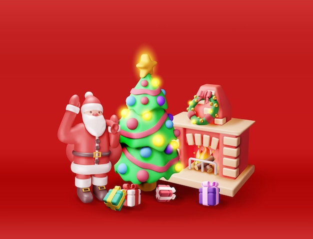 Ladrillo rojo 3D chimenea de año nuevo y Papá Noel