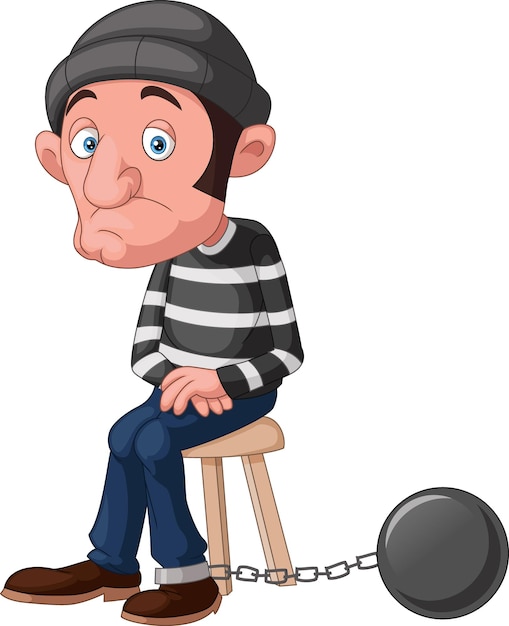 ladrón, caricatura, sentado, y, prisionero, cadena, pelota