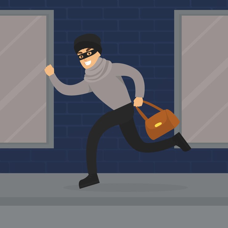 Vector ladrón corriendo con una bolsa robada ladrón cometiendo un robo escena del crimen ilustración vectorial plana