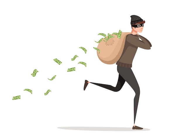 Ladrón corriente durante el robo con bolsa de dinero se vierte desde la ilustración de vector plano de diseño de personaje de dibujos animados de bolsa