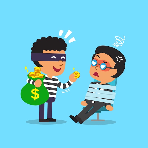 Ladrón de dibujos animados robando bolsa de dinero del empresario