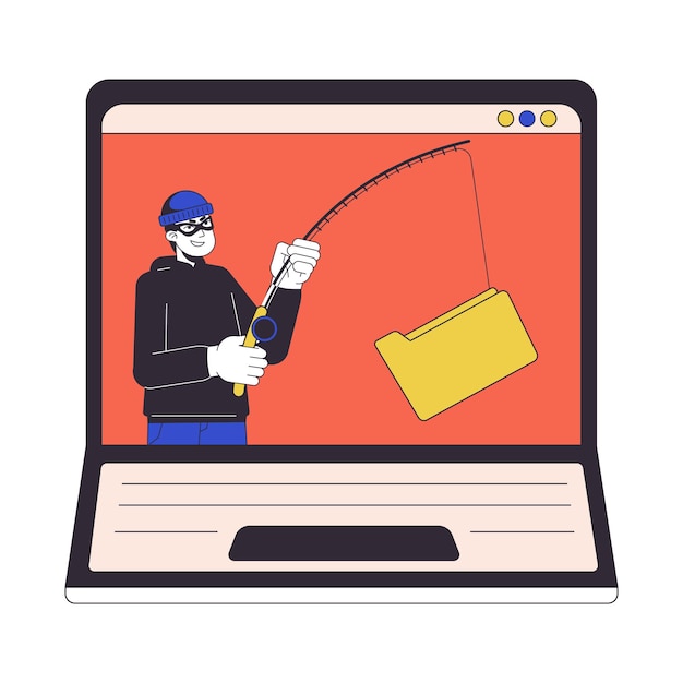 Ladrón enganchando carpeta pantalla de computadora portátil concepto de línea plana ilustración de punto vectorial ataque de phishing crimen objeto de contorno de dibujos animados 2d en blanco para diseño de interfaz de usuario web imagen de héroe de color aislado editable