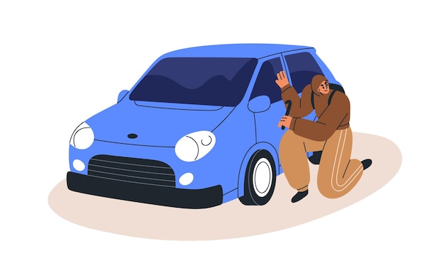 Ladrón entrando en un automóvil Ladrón desbloqueando un vehículo de transporte para robar Ladrón violando la ley haciendo daños criminales Robo ilegal de automóviles Ilustración vectorial plana aislada sobre fondo blanco