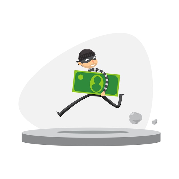 Un ladrón está corriendo con la celebración de papel moneda. Ilustración vectorial aislado