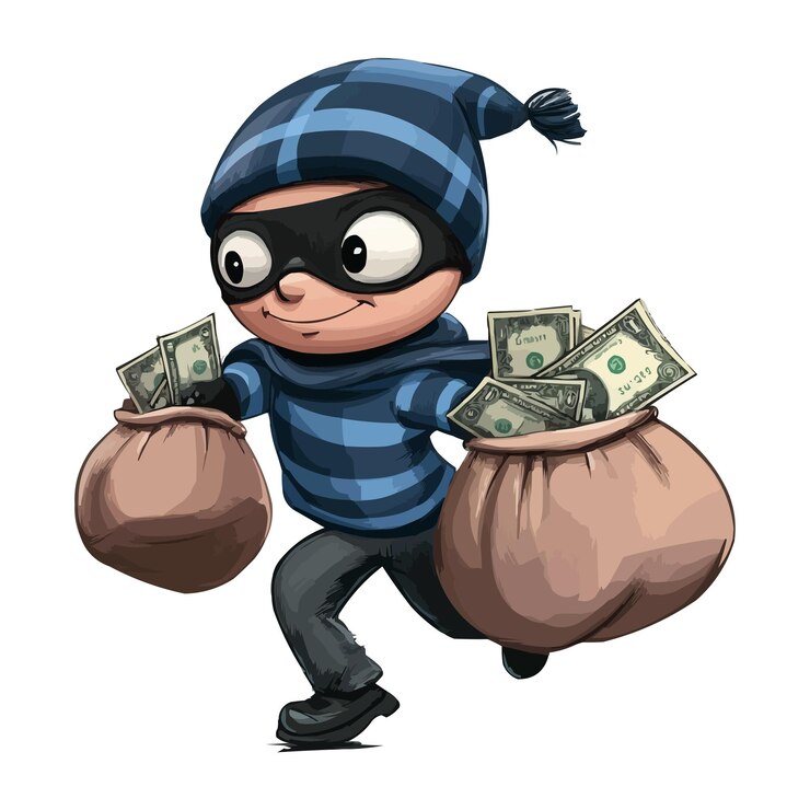 Vector un ladrón feliz corriendo mientras sostiene dos bolsas llenas de dinero
