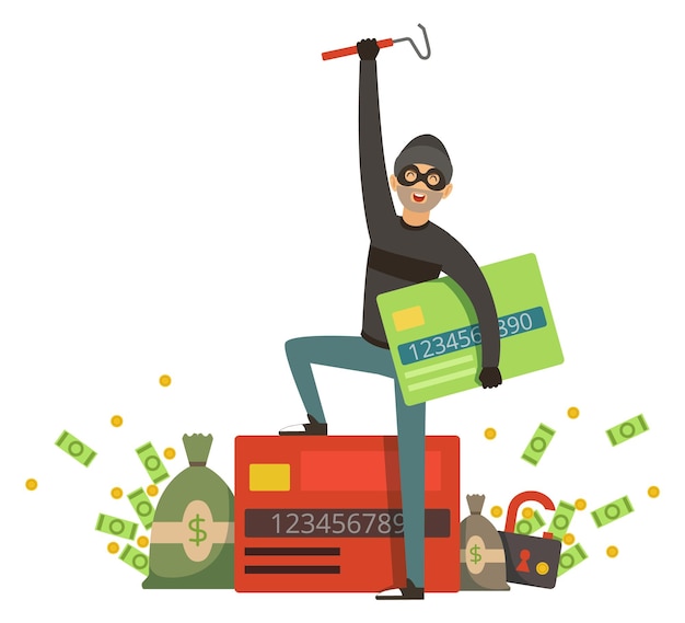 Ladrón feliz con tarjetas de crédito Concepto de robo cibernético