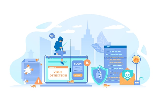 Ladrón hacker robando contraseña Virus informáticos y ataques de hackers Errores detectados mensajes de alerta