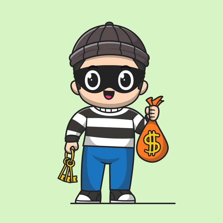 Vector ladrón lindo con bolsa de dinero y llave ilustración de icono vectorial de dibujos animados gente finanzas aislado plano