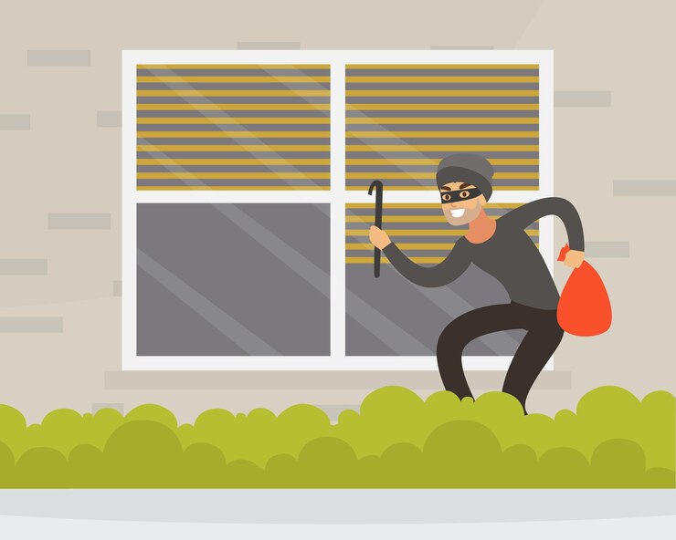 Vector ladrón masculino o ladrón con máscara negra entrando en la casa a través de la ventana ilustración vectorial