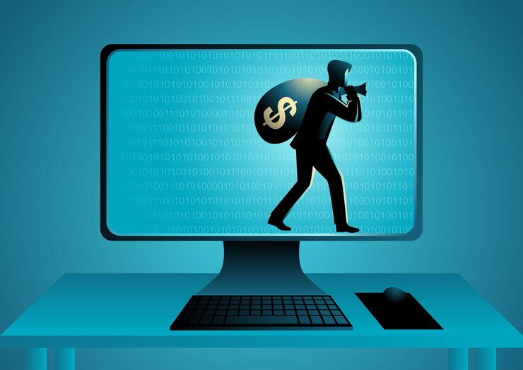 Vector ladrón que lleva un gran saco lleno de dinero en efectivo en el monitor de la computadora