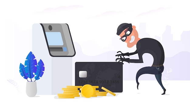 El ladrón roba una tarjeta bancaria. El ladrón está intentando robar una tarjeta bancaria. ATM, monedas de oro. Concepto de fraude. Vector.