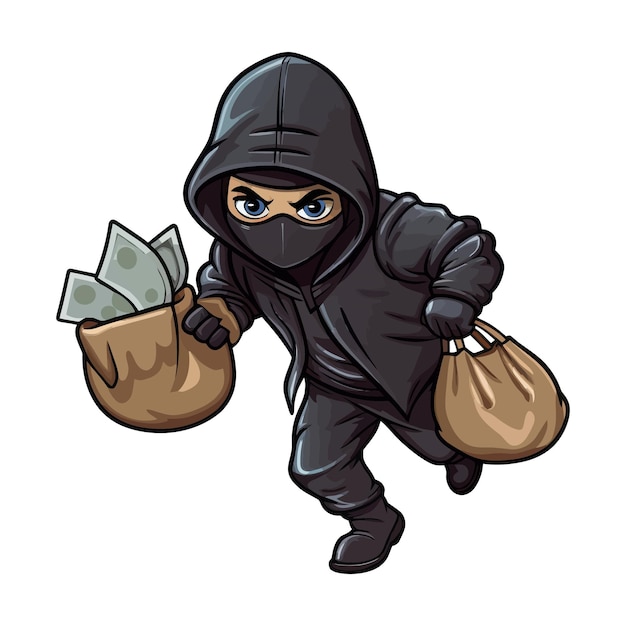 Ladrón robando con una bolsa de dinero vector de dibujos animados