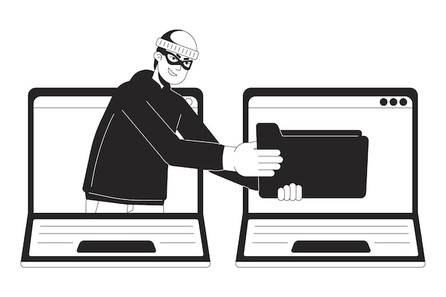 Ladrón robando datos de la computadora portátil bw concepto vector spot ilustración ataque de phishing 2D dibujos animados línea plana carácter monocromático para el diseño de interfaz de usuario web Cibercrimen editable contorno aislado imagen del héroe
