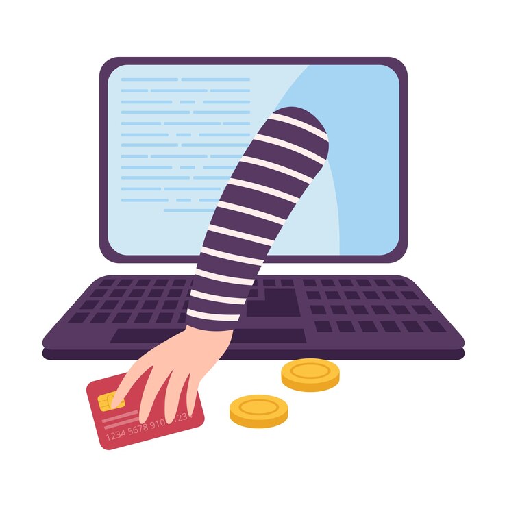 Vector ladrón robando dinero de la tarjeta de crédito a través de la computadora portátil hacking ataque de phishing vector del crimen cibernético