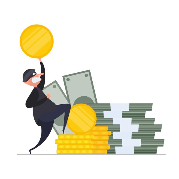 El ladrón tiene una moneda de oro en sus manos. El ladrón robó el dinero. Monedas de oro, dólares, dinero. Concepto de robo y seguridad. Aislado. VeÃƒÂ'Ã‚Â tor.