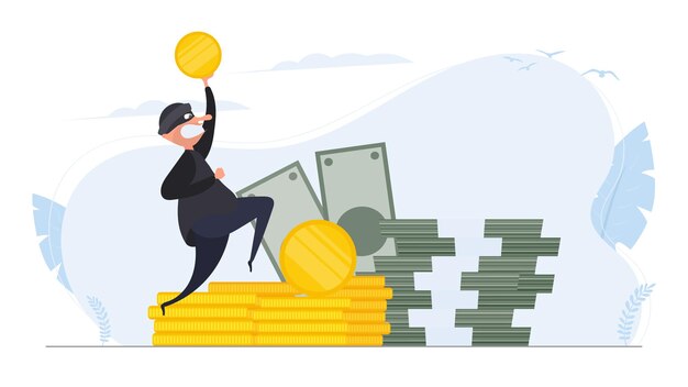 El ladrón tiene una moneda de oro en sus manos. El ladrón robó el dinero. Monedas de oro, dólares, dinero. Concepto de robo y seguridad. VeÃƒÂ'Ã‚Â tor.