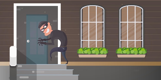 Vector el ladrón está tratando de romper la puerta. el ladrón se está infiltrando en la casa. concepto de seguridad. ilustración vectorial.