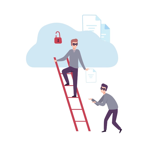 Ladrones enmascarados robando datos de la base de datos en la nube cibercrimen hacking y phishing vector
