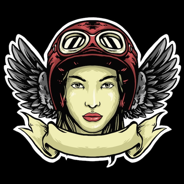 Lady biker con diseño vintage de logo de casco y alas