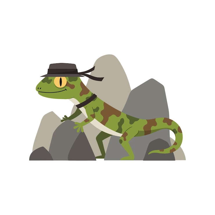 Vector lagarto camuflado con sombrero negro en rocas grises en una ilustración vectorial de hábitat natural