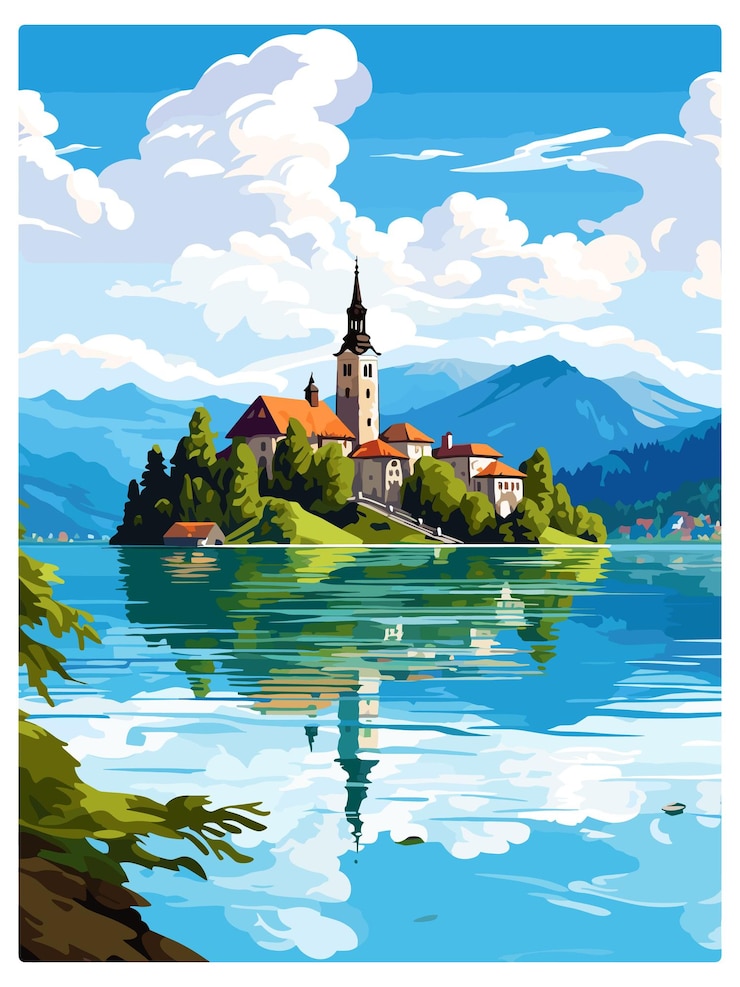 Vector lago bled eslovenia cartel de viaje antiguo cartel postal de recuerdo pintura de retrato ilustración de wpa