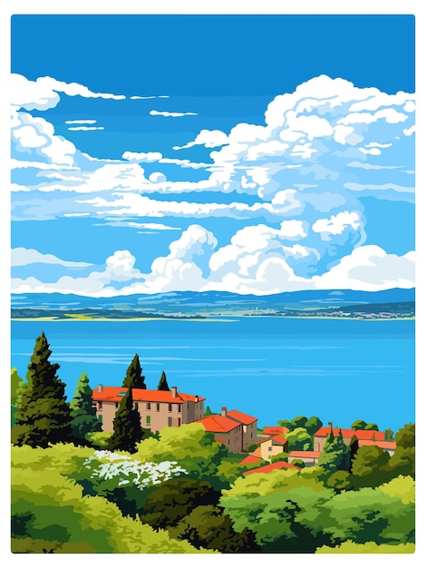 Lago Bolsena Italia Cartel de viaje de época Souvenir Cartel postal Pintura de retrato Ilustración WPA