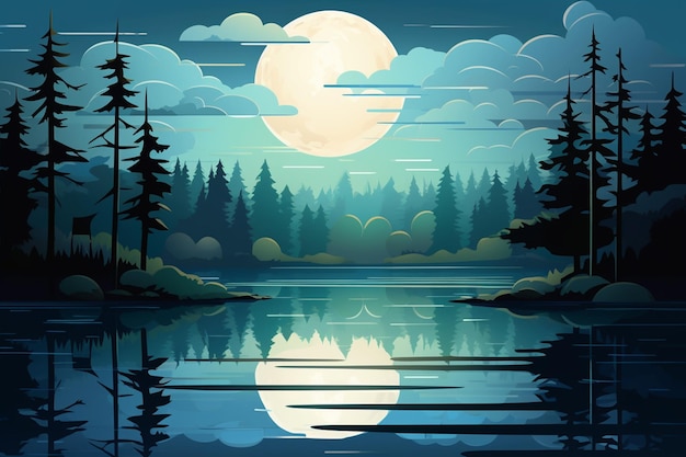 Vector lago con luna en el agua y árboles