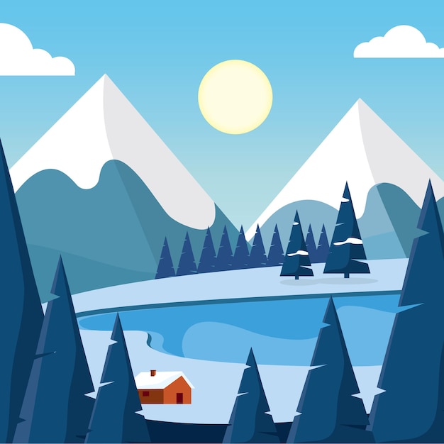 Lago de montaña nevado con árboles y vector de cabañas