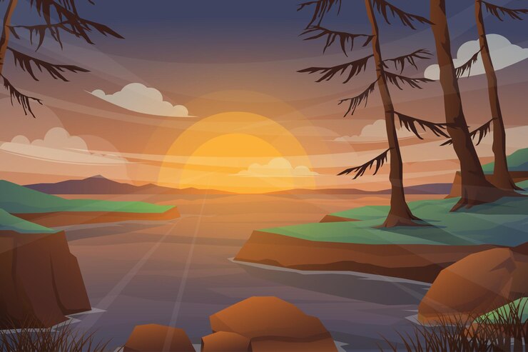 Vector lago y montaña con paisaje al atardecer. pino realista en siluetas de bosque y montaña, panorama de madera de noche. ilustración de fondo de naturaleza salvaje