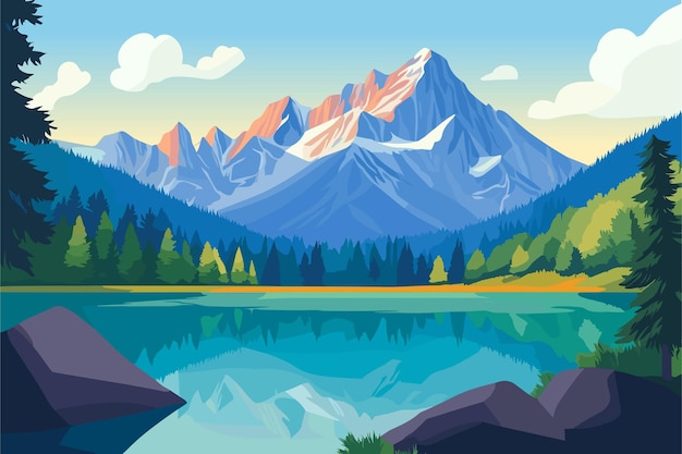 Lago de montaña de verano Mañana brillante Ilustración vectorial del paisaje de los Alpes italianos